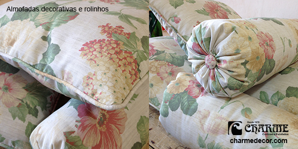 Almofadas decorativas e rolinhos em tecido floral